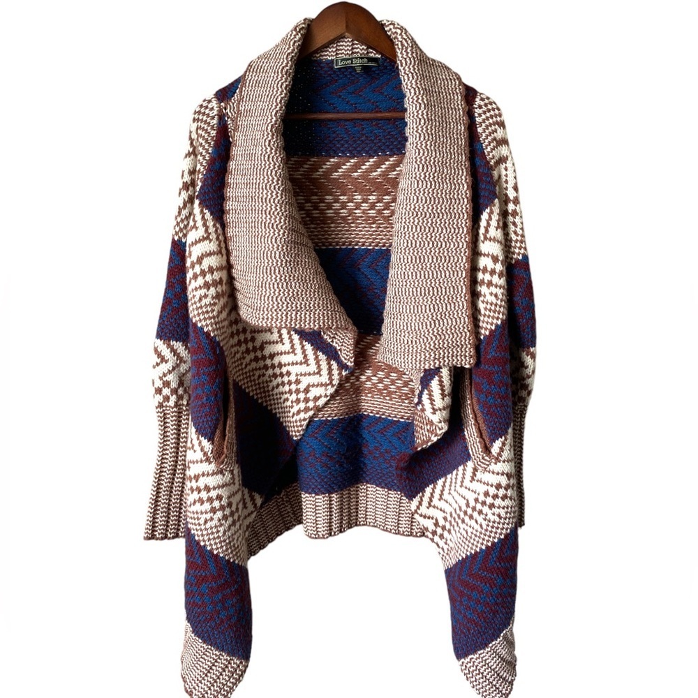 LOVE STITCH |Chunky Knit Wool Blend Aztec Print Boho Waterfall Cardigan Size M/L